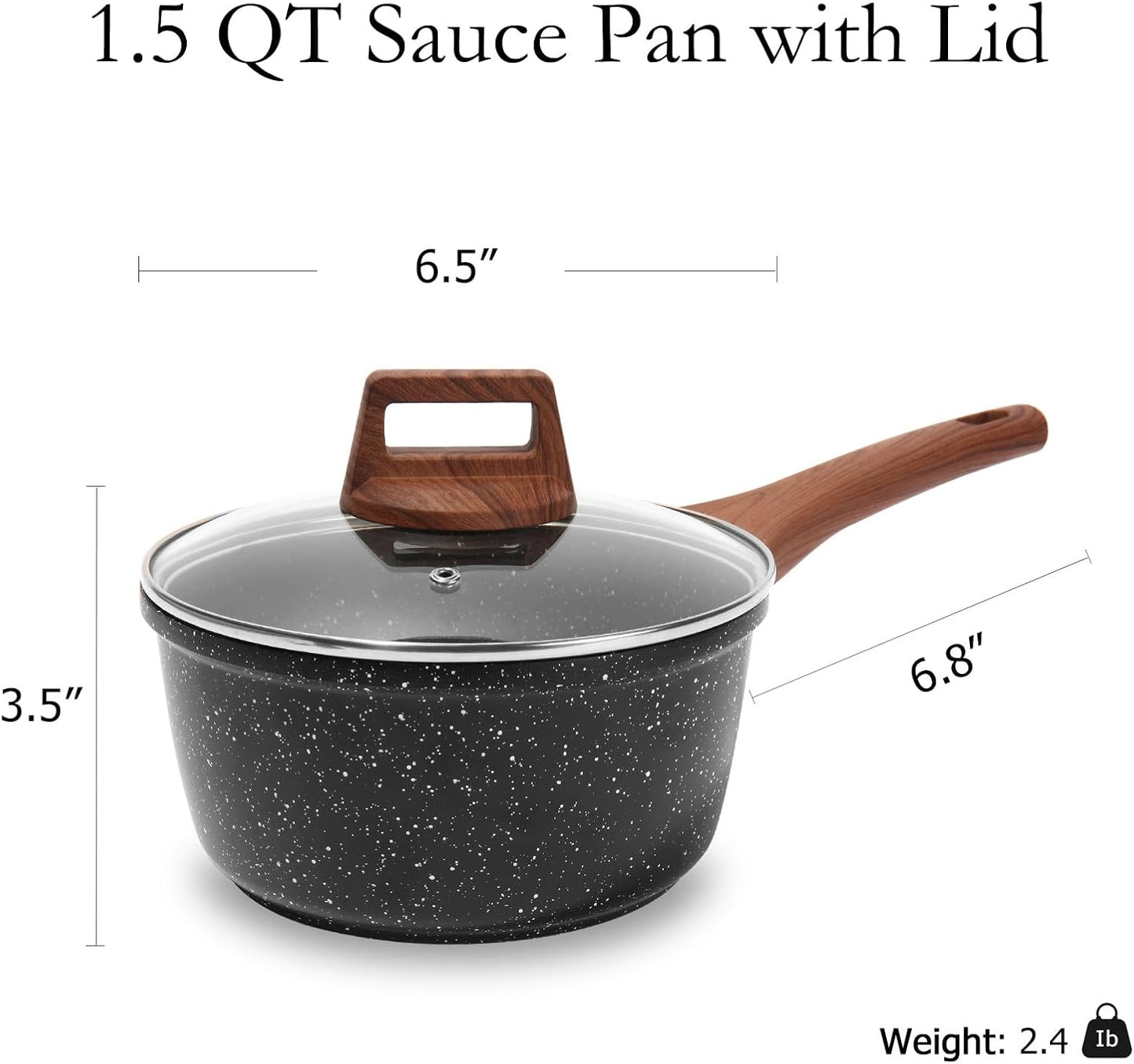 ESLITE LIFE Nonstick Sauce Pan with Lid, 1.5 QT Small Soup Pot Compatible with All Stovetops (Gas, Electric & Induction), PFOA Free, Black