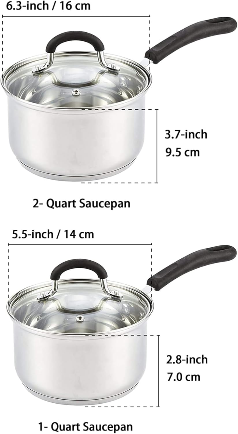 Cook N Home 1 & 2 Quart Stainless Steel Saucepan Sets with Lid, Induction Compatible Milk Pots, Stay-Cool Silicone Handle, Mirror Polished 18/10 Cookware, Dishwasher & Oven Safe, Silver