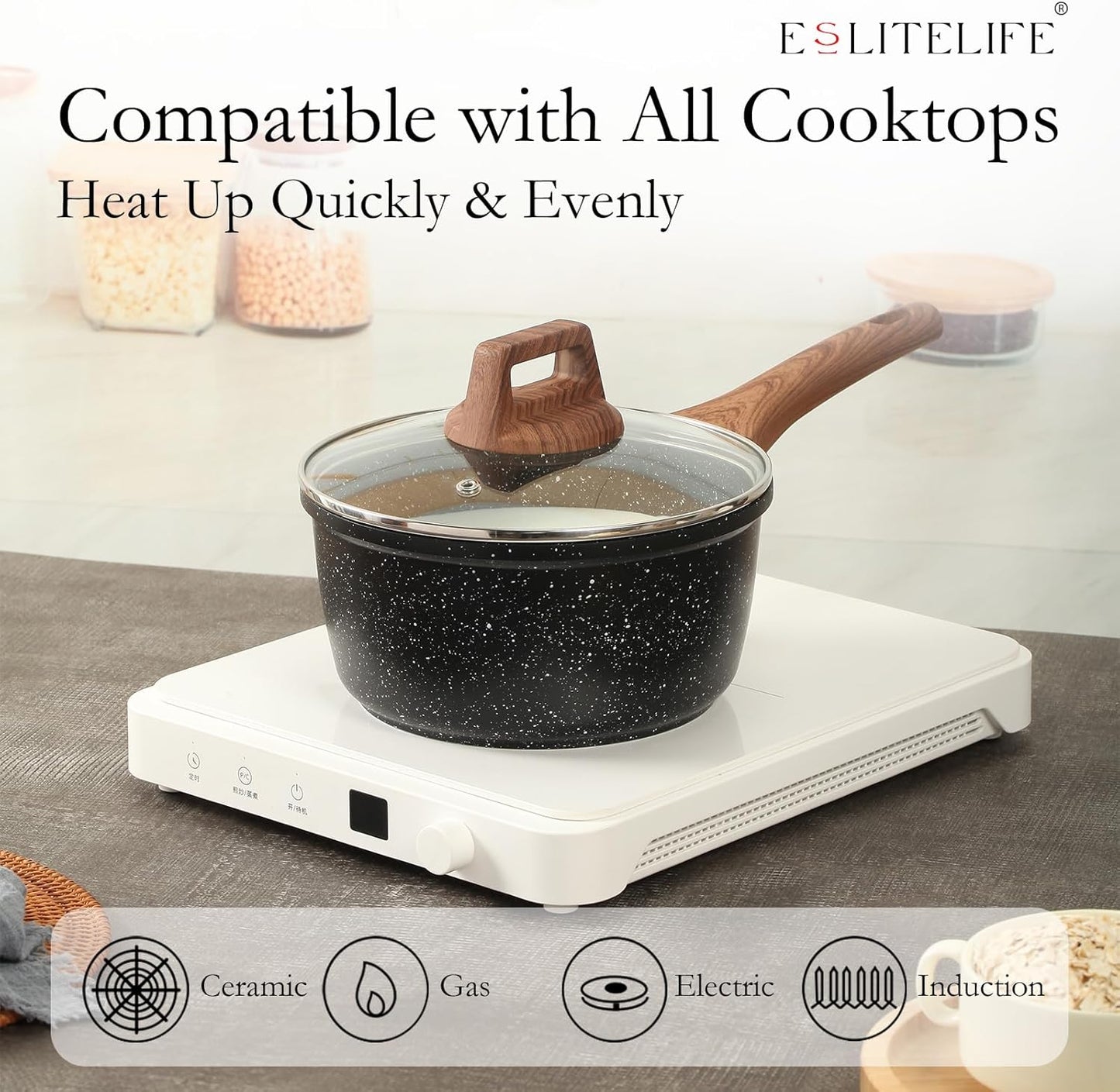 ESLITE LIFE Nonstick Sauce Pan with Lid, 1.5 QT Small Soup Pot Compatible with All Stovetops (Gas, Electric & Induction), PFOA Free, Black