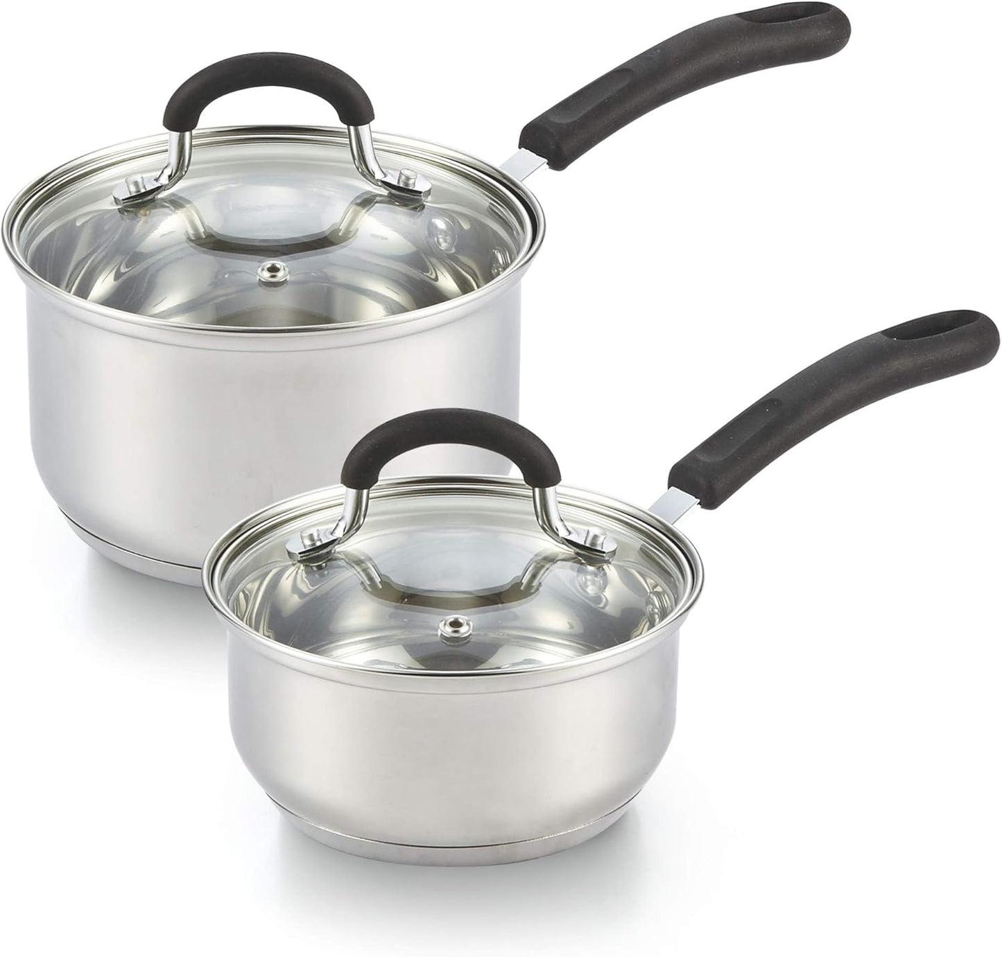 Cook N Home 1 & 2 Quart Stainless Steel Saucepan Sets with Lid, Induction Compatible Milk Pots, Stay-Cool Silicone Handle, Mirror Polished 18/10 Cookware, Dishwasher & Oven Safe, Silver