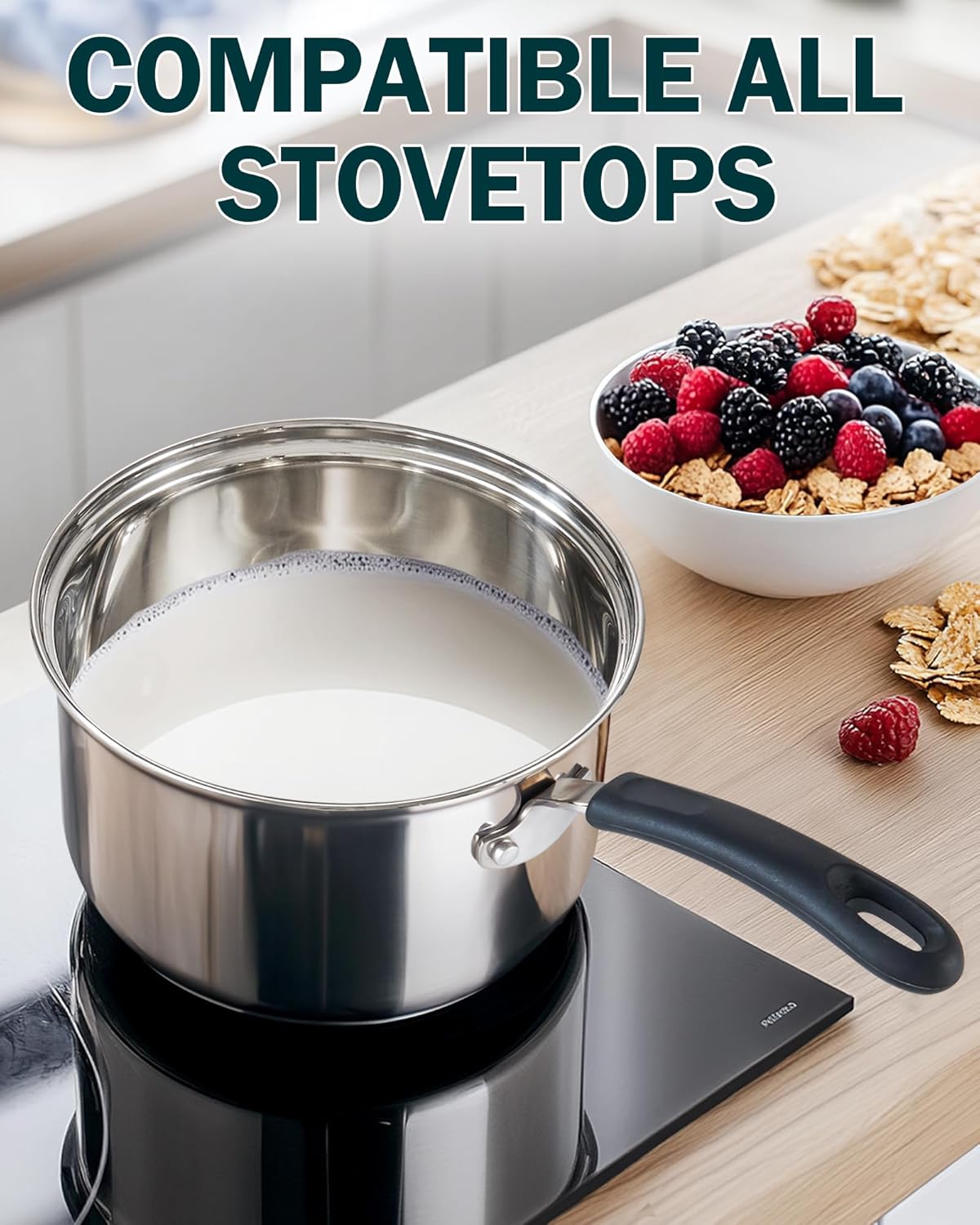 Cook N Home 1 & 2 Quart Stainless Steel Saucepan Sets with Lid, Induction Compatible Milk Pots, Stay-Cool Silicone Handle, Mirror Polished 18/10 Cookware, Dishwasher & Oven Safe, Silver