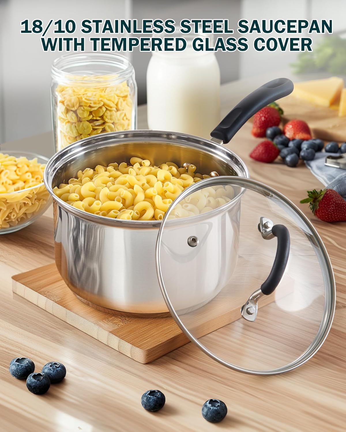 Cook N Home 1 & 2 Quart Stainless Steel Saucepan Sets with Lid, Induction Compatible Milk Pots, Stay-Cool Silicone Handle, Mirror Polished 18/10 Cookware, Dishwasher & Oven Safe, Silver