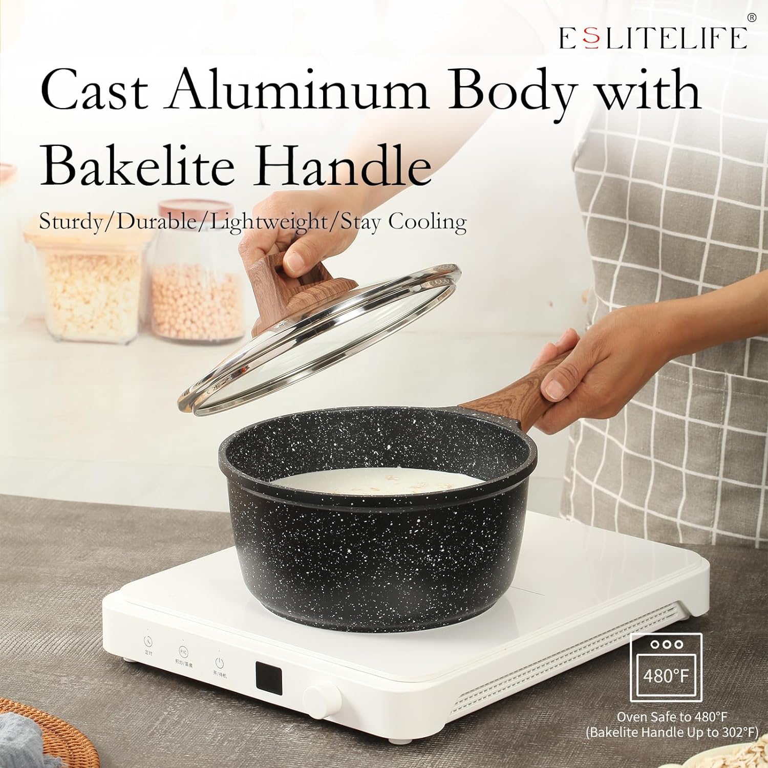 ESLITE LIFE Nonstick Sauce Pan with Lid, 1.5 QT Small Soup Pot Compatible with All Stovetops (Gas, Electric & Induction), PFOA Free, Black